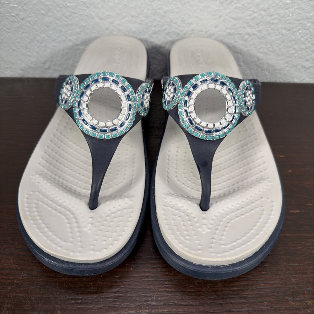 CROCS Sanrah Diamante Women's 9 Blue Jeweled Mosaic Design Thong Wedge Sandals